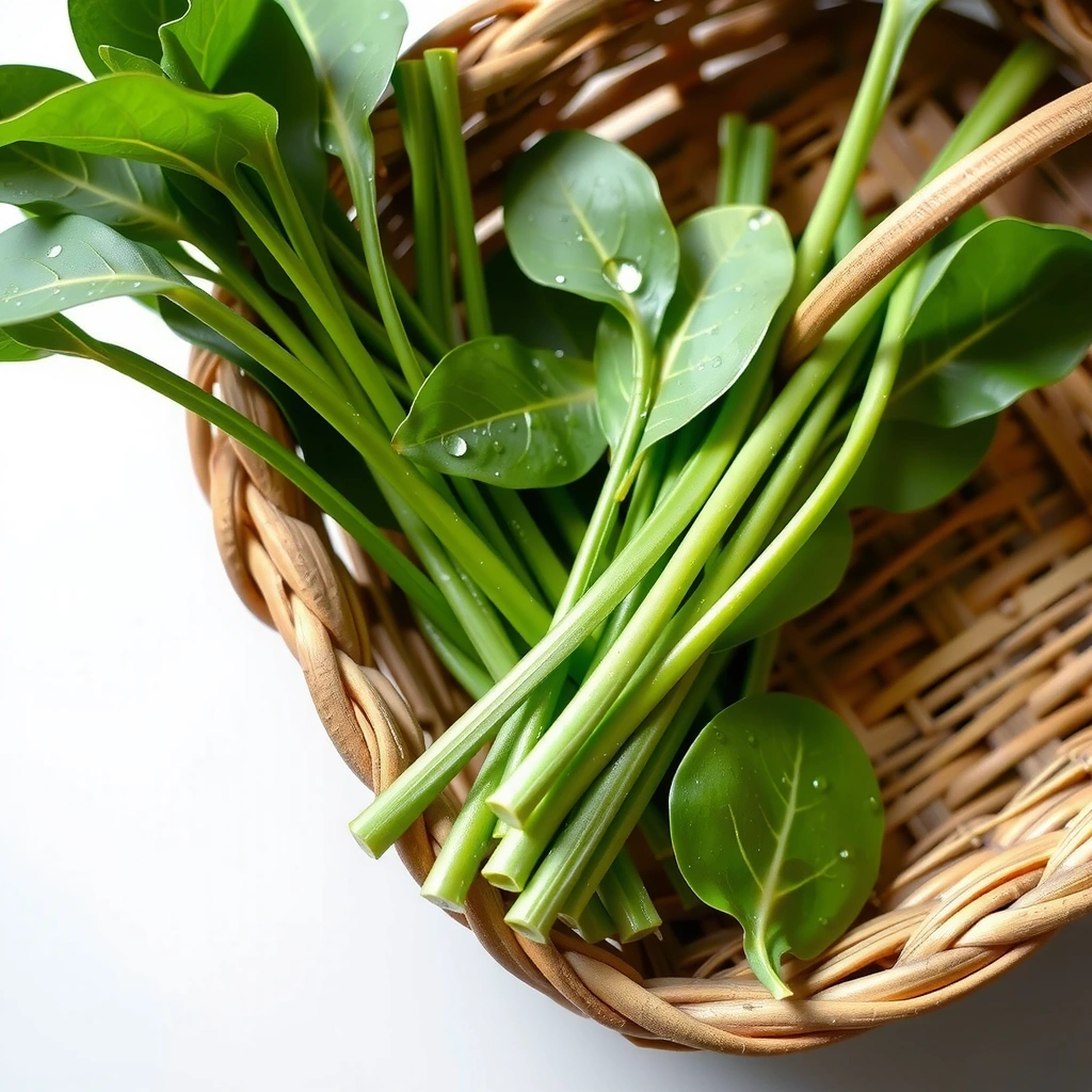Fresh kangkung (water spinach) in a traditional wicker basket