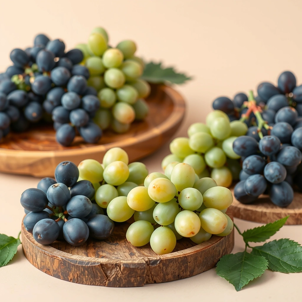 Fresh grapes (anggur) in purple and green varieties displayed on wooden platters