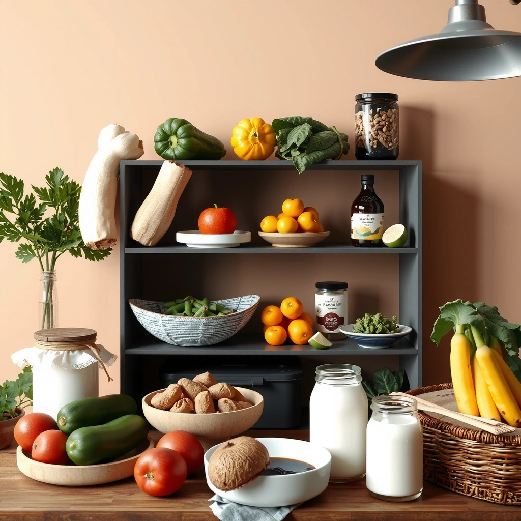Organized Indonesian pantry with fresh vegetables, fruits, and traditional condiments