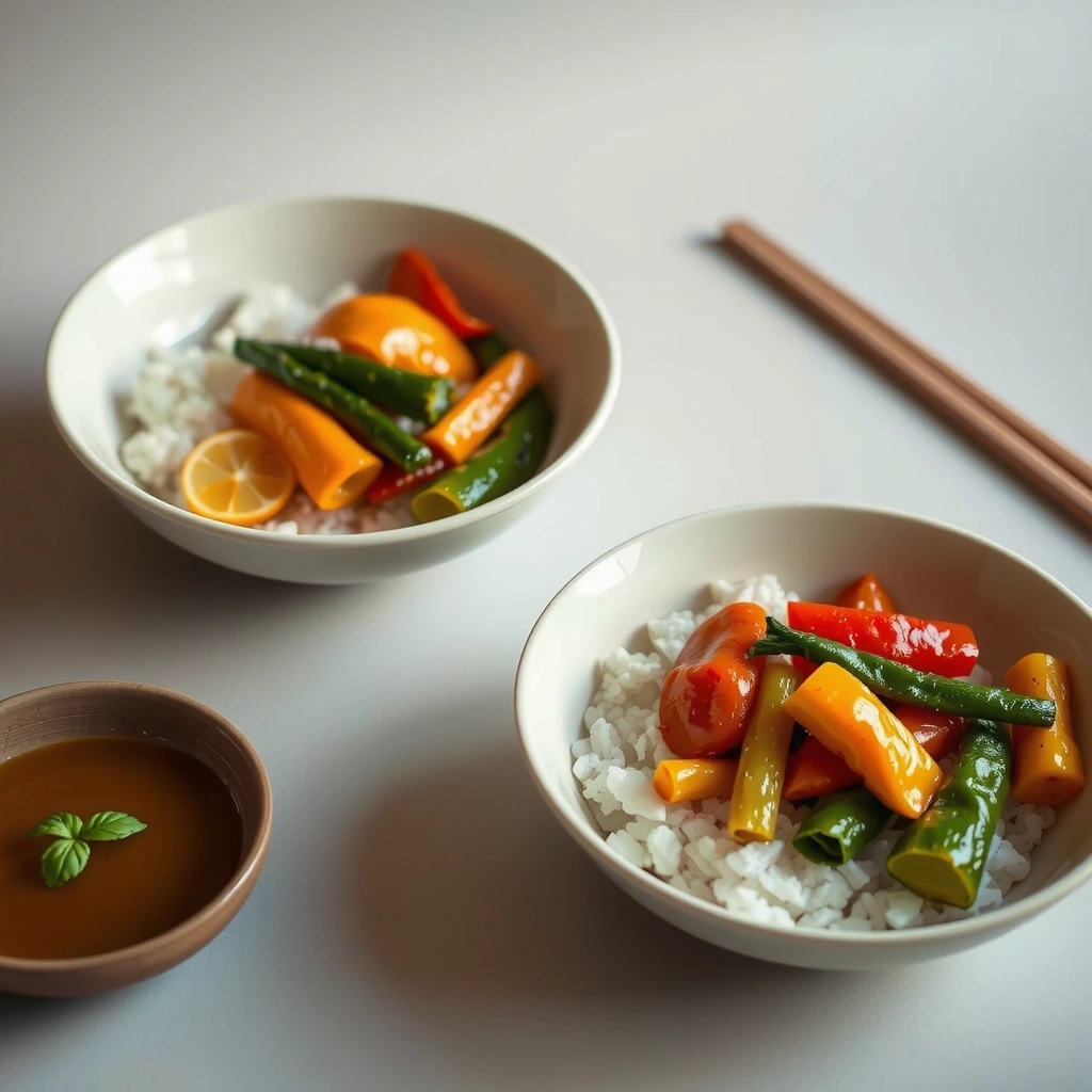 Simple Indonesian plant-based recipe with colorful vegetables and rice