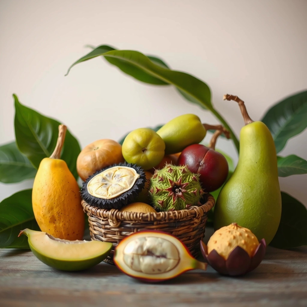 Assorted Indonesian tropical fruits displayed in traditional woven baskets