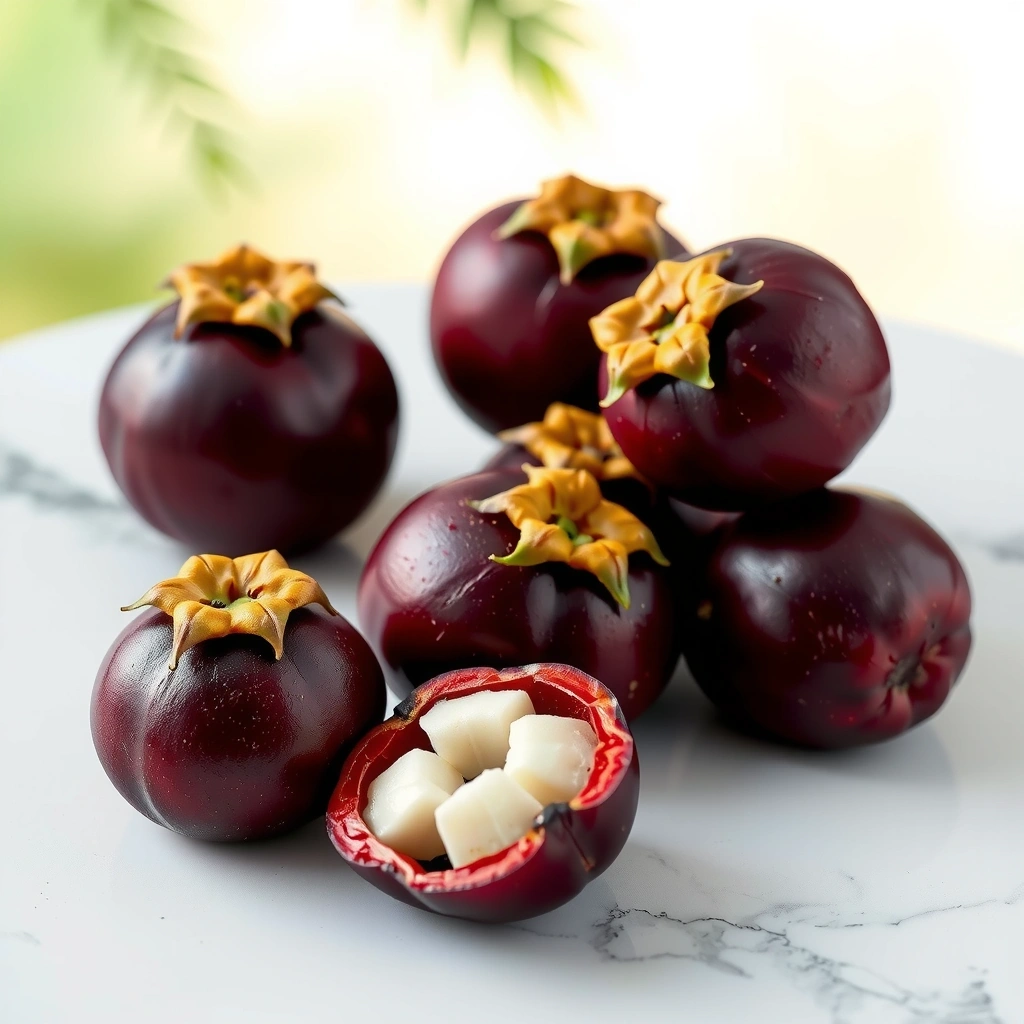 Fresh mangosteen fruits with purple outer skin and white segments inside