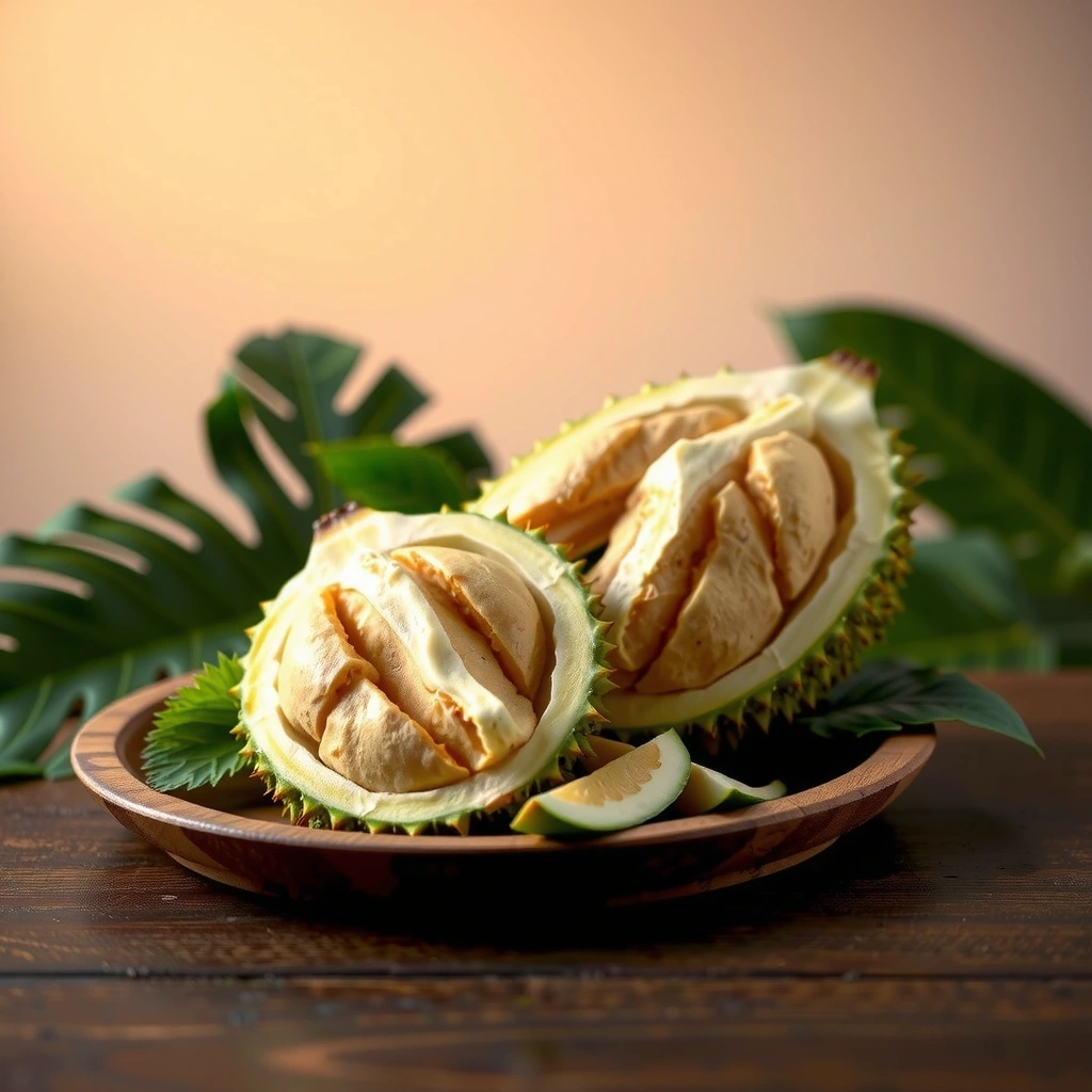 Fresh durian fruit opened showing the creamy interior and spiky exterior