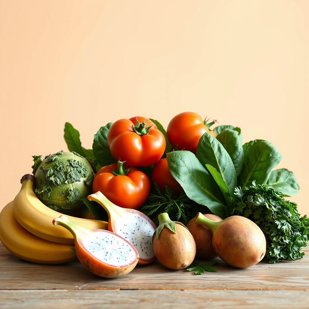 Fresh Indonesian vegetables and fruits arranged beautifully