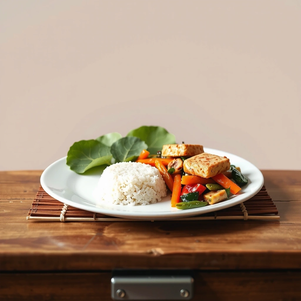 Indonesian traditional plant-based meal with tempeh, vegetables, and rice