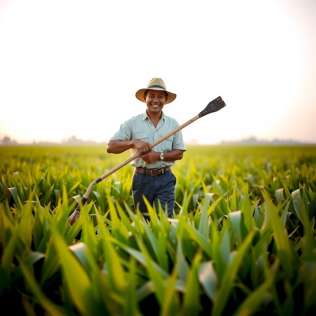 Indonesian farmer working in rice field